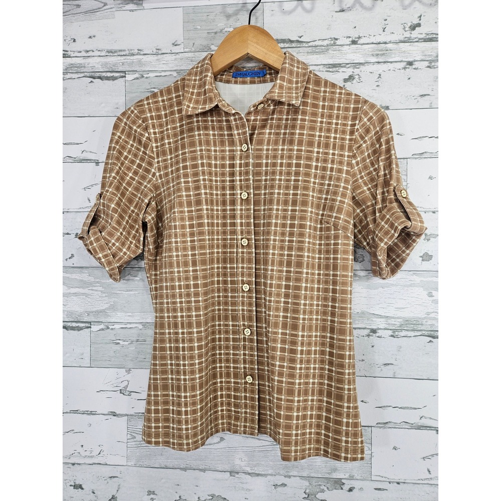 J.McLaughlin Womens Brown White Grid Plaid Button Front Roll Tab Sleeve Top S